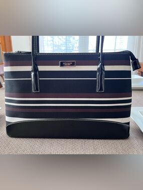Kate Spade Striped Canvas Tote in Black and White with Chocolate Brown Accents